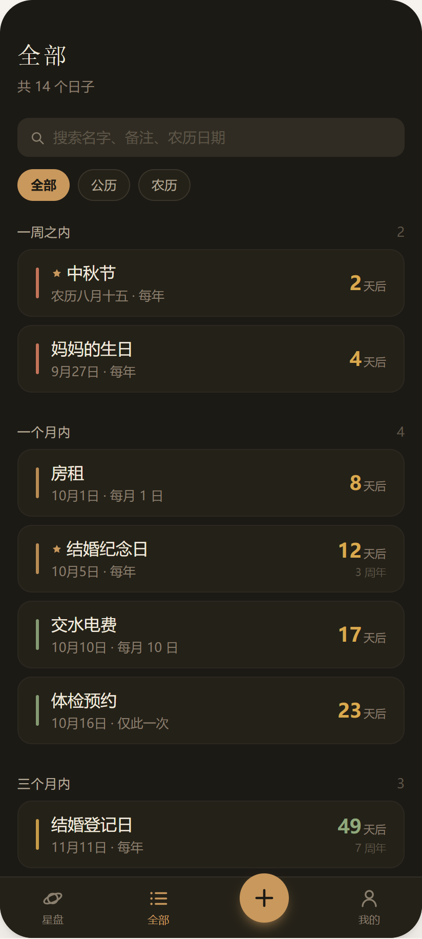 全部页面：日子按时间远近分组